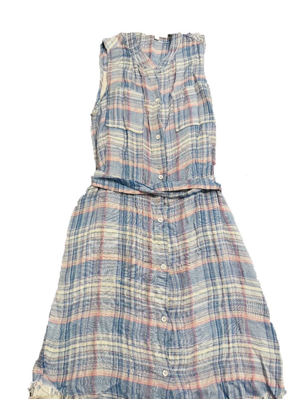 Bella Dahl Blue and Cream Plaid Button-Down Sundress with Pink Accents